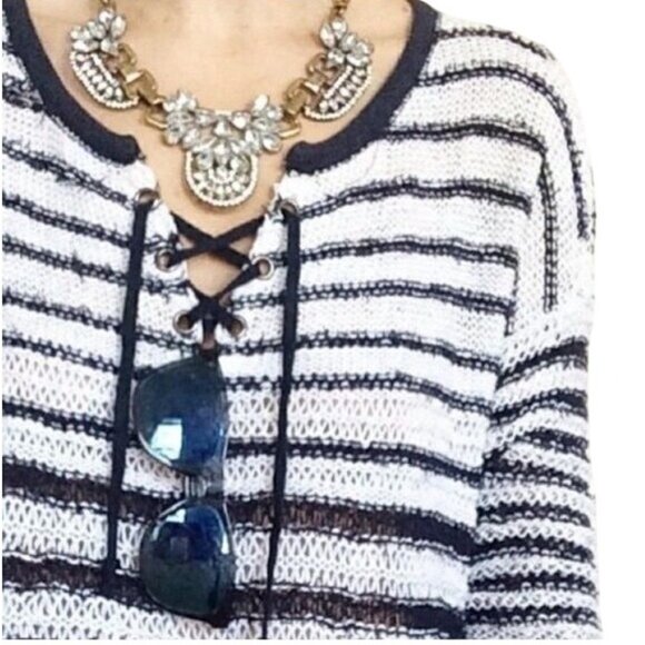 NWT Free People Navy White Striped Soft Knit Lace Up Sweater | Coastal Boho Prep - Picture 3 of 16